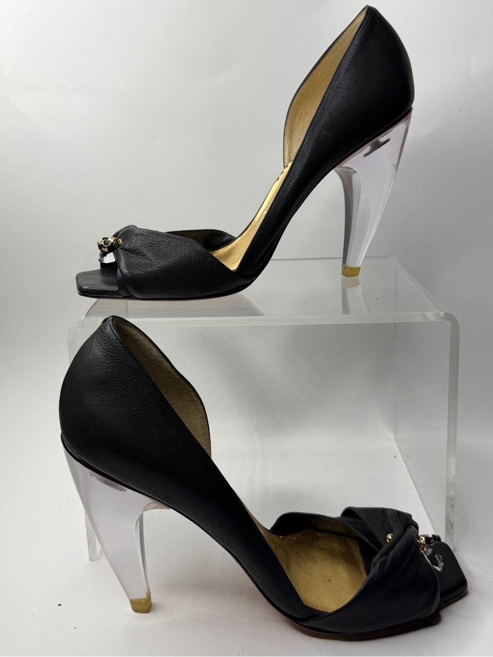 Report Signature Black Open-Toe Heels with Clear Sculpted Heel and Gold Accent